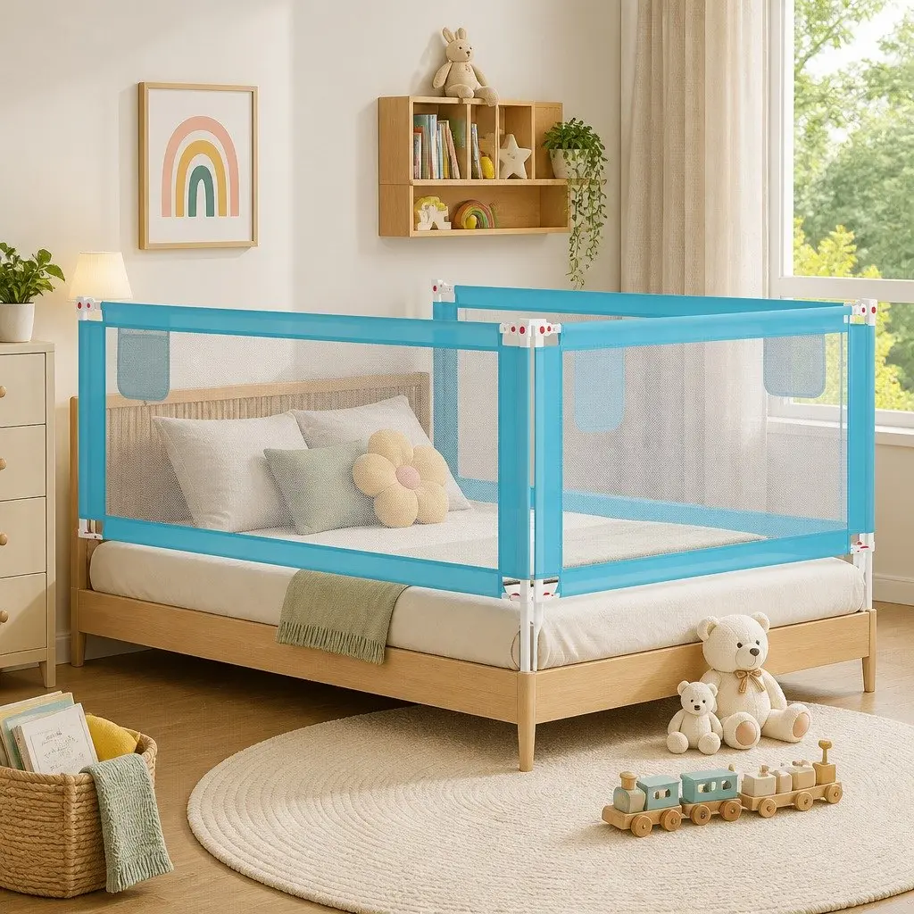 Toddler Bed Rail Blue Adjustable Height 200x25 cm Fabric Safety Guard