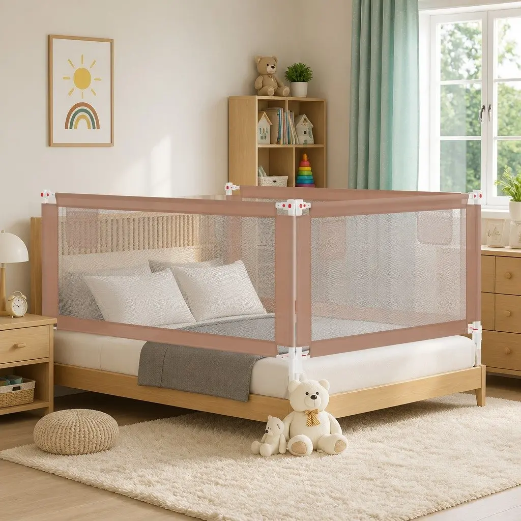 Toddler Bed Rail Protection Guard Adjustable Height 180x25cm Taupe