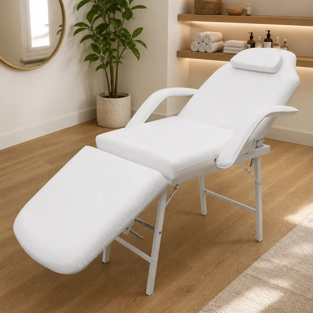 Adjustable Massage Bed Portable Facial Treatment Chair White Faux Leather