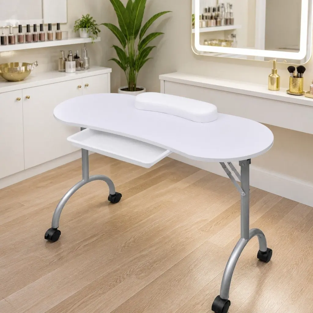 White Portable Folding Manicure Table with Spacious Top and Thick Wrist Cushion