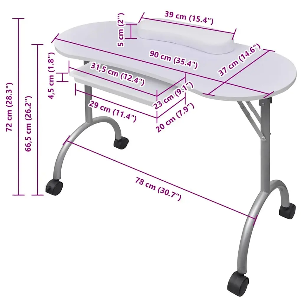 White Portable Folding Manicure Table with Spacious Top and Thick Wrist Cushion
