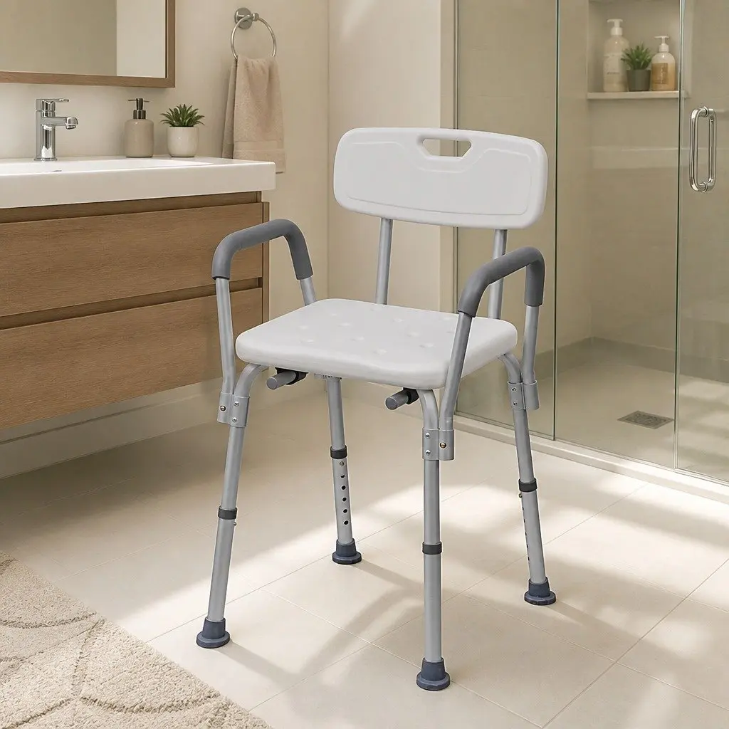Adjustable Height Shower Chair White Mobility Bathing Seat for Elderly Support
