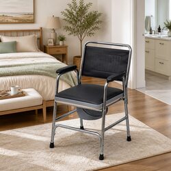 Commode Chair Steel Black Bedside Toilet Seat Bucket Armrests Elderly Mobility