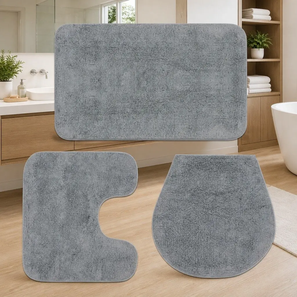 Bathroom Mat Set 3 Pieces Grey Cotton Bath Towel Pedestal Toilet Lid Cover