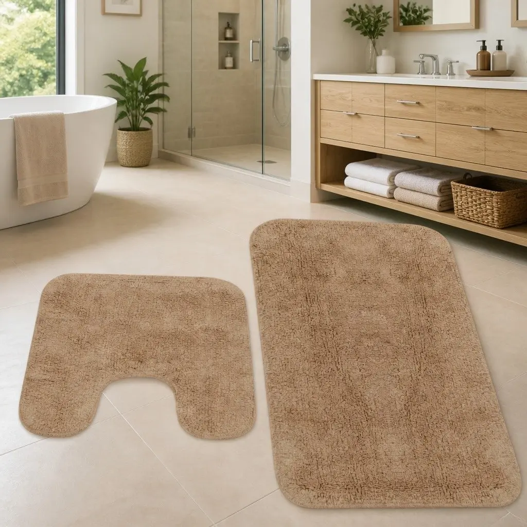 Bathroom Mat Set 2 Pieces Non-Slip Bath Floor Pedestal Rugs Beige