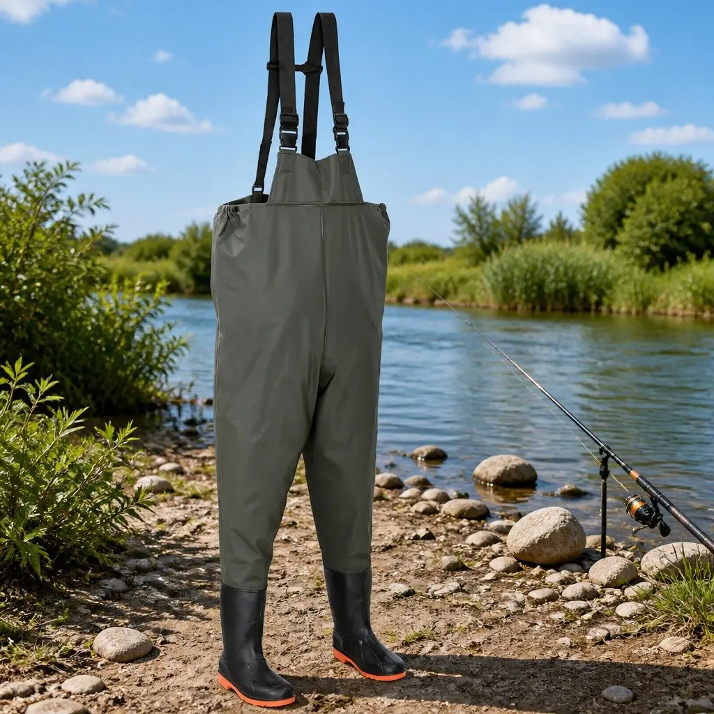 Chest Wading Pants with Attached Boots Waterproof Green Size 44