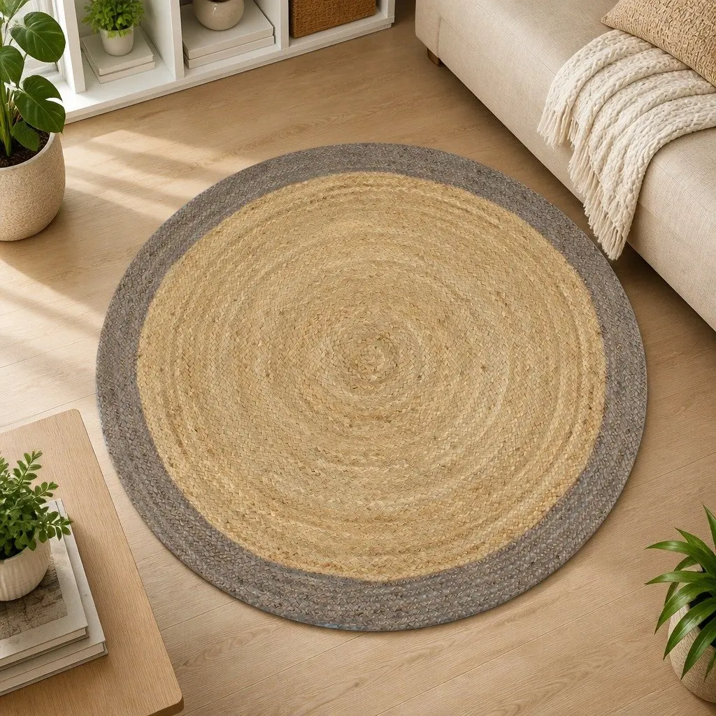 Handmade Jute Area Rug Natural Braided Woven Carpet with Grey Border 90cm Round