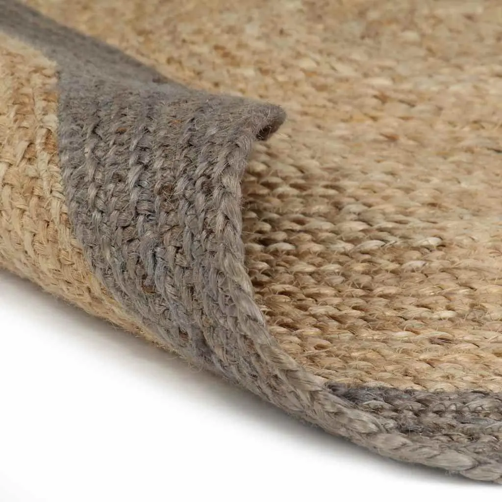 Handmade Jute Area Rug Natural Braided Woven Carpet with Grey Border 90cm Round