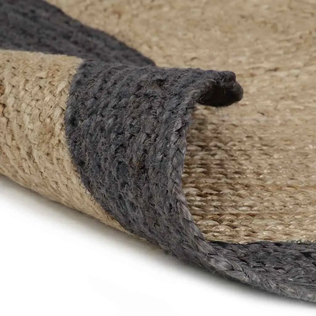 Handmade Jute Area Rug Natural Centre Grey Border Round Braided Carpet Home