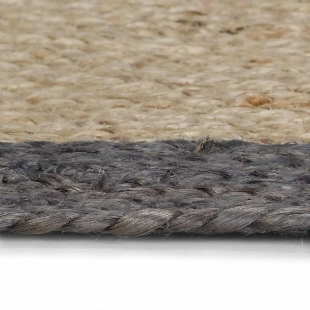 Handmade Jute Area Rug Natural Centre Grey Border Round Braided Carpet Home