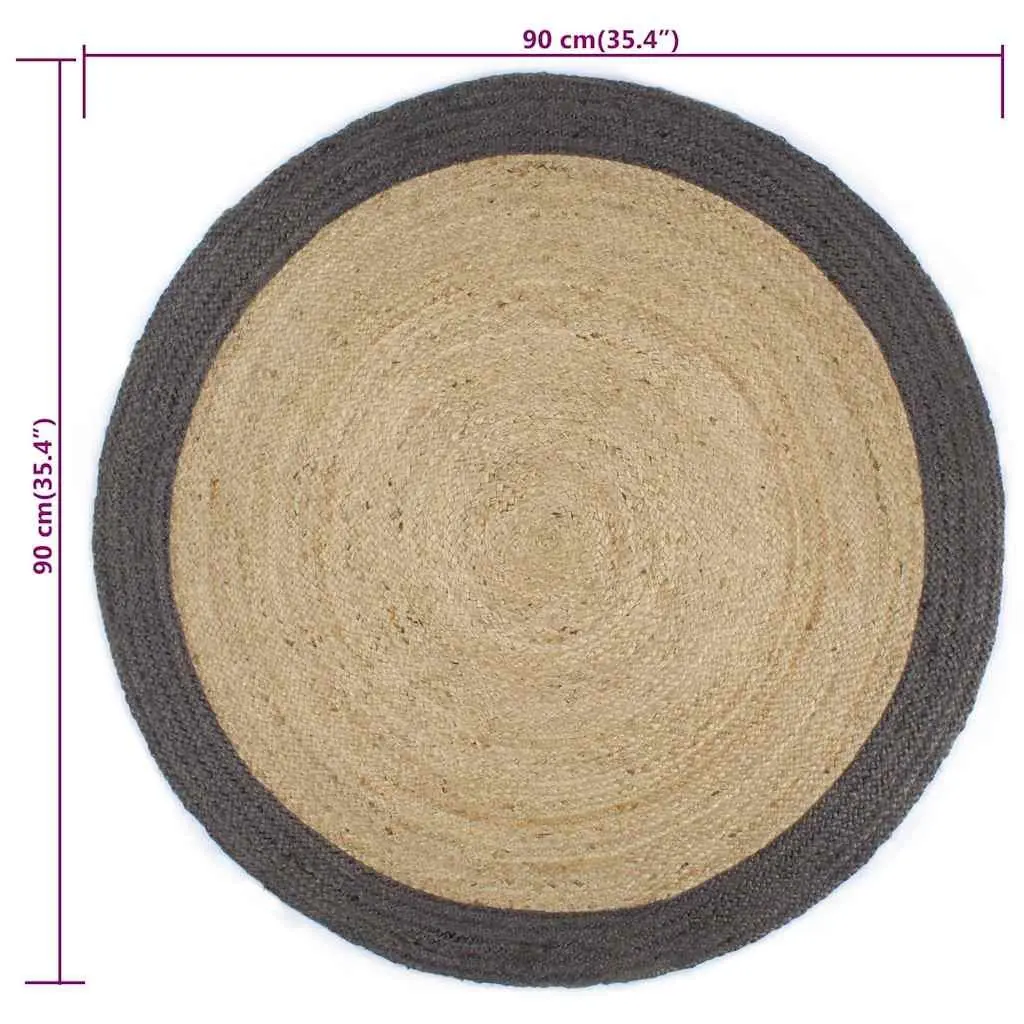 Handmade Jute Area Rug Natural Centre Grey Border Round Braided Carpet Home