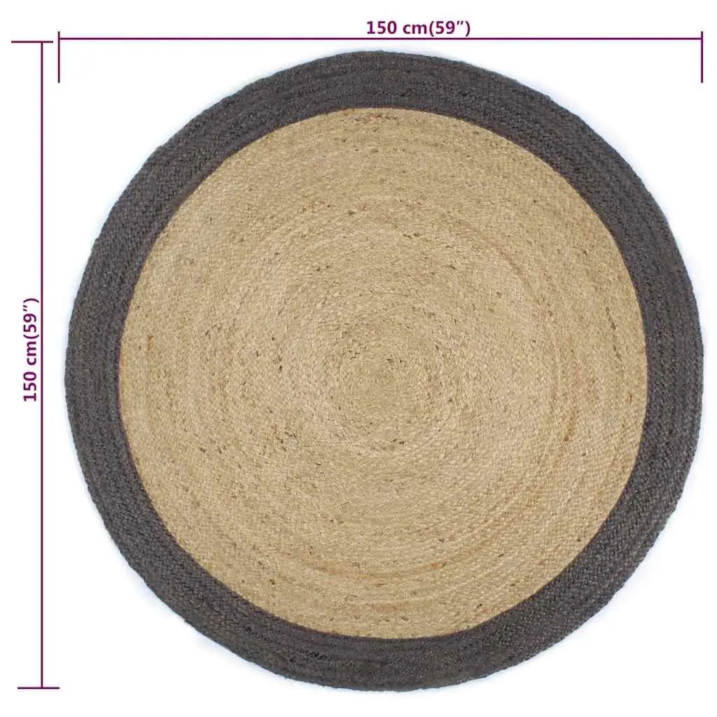 Handmade Jute Area Rug Grey with Dark Border Round 150 cm Braided Carpet Home Decor