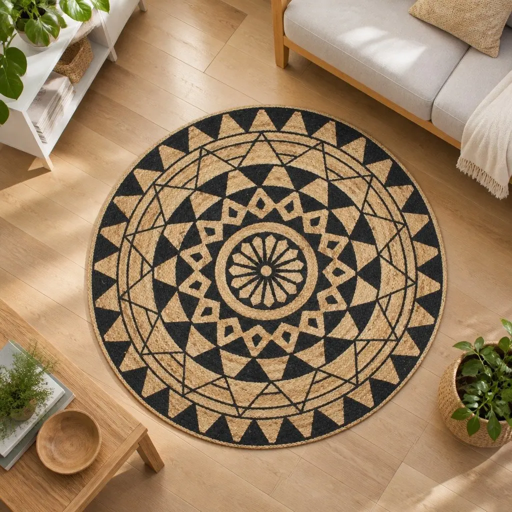 Handwoven Jute Area Rug with Black Floral Print Modern Home Decor Carpet 150cm