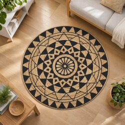 Handwoven Jute Area Rug with Black Floral Print Modern Home Decor Carpet 150cm