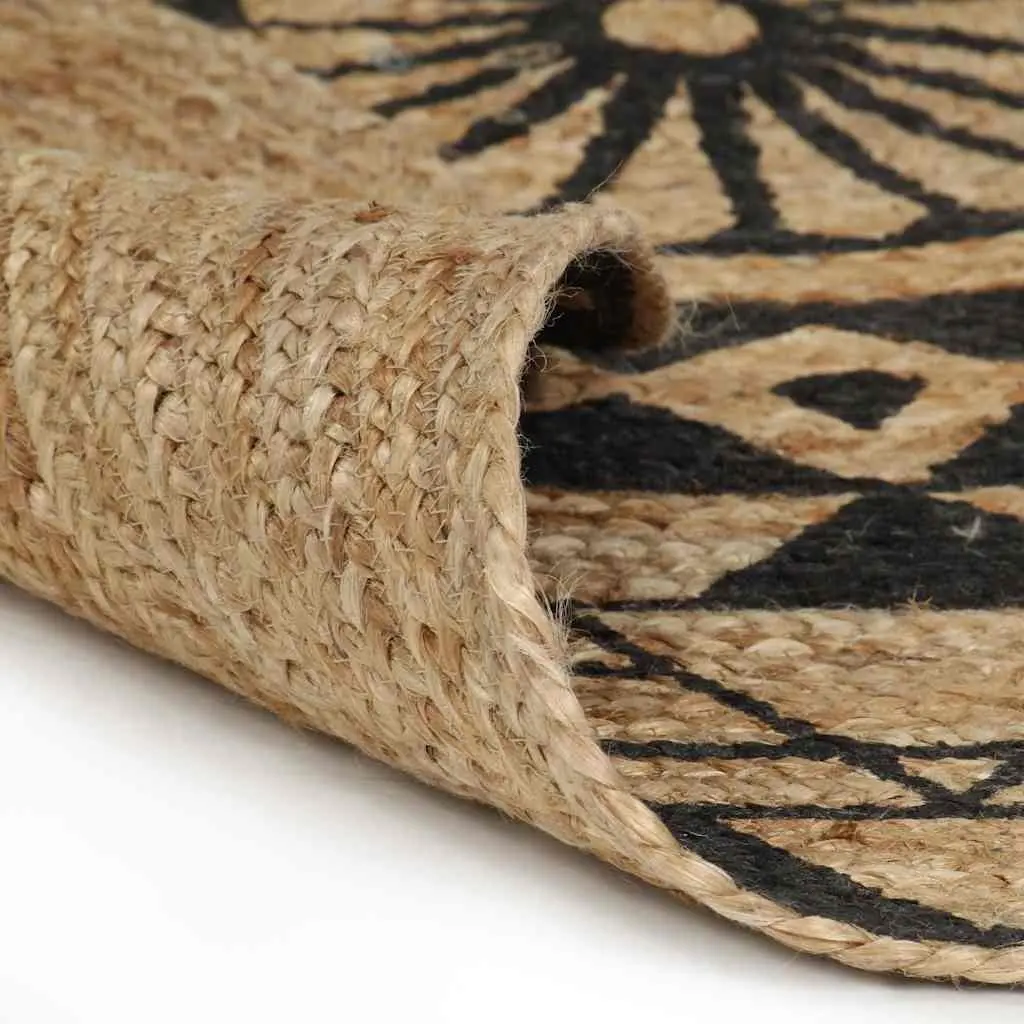 Handwoven Jute Area Rug with Black Floral Print Modern Home Decor Carpet 150cm