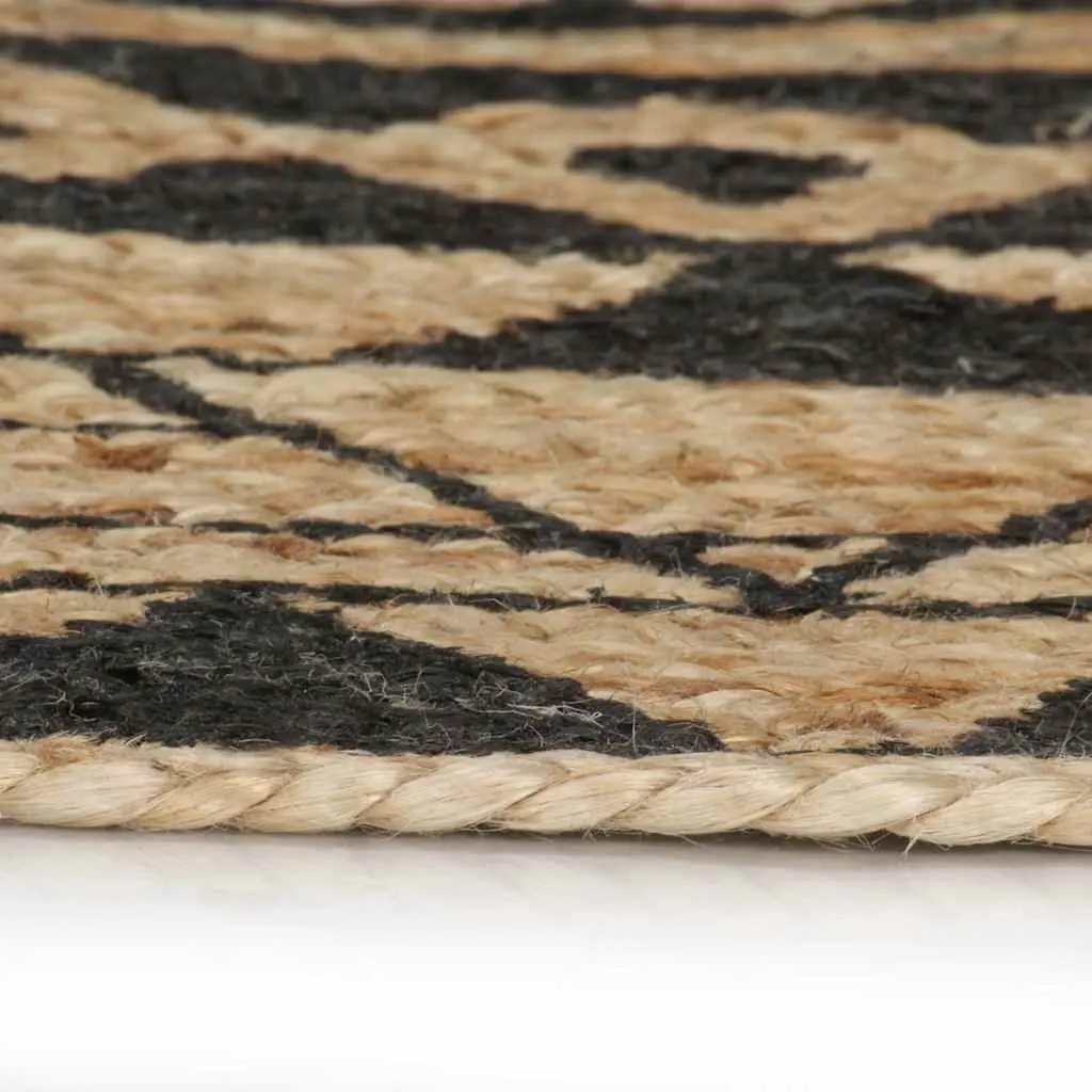 Handwoven Jute Area Rug with Black Floral Print Modern Home Decor Carpet 150cm