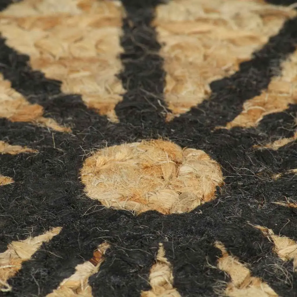 Handwoven Jute Area Rug with Black Floral Print Modern Home Decor Carpet 150cm