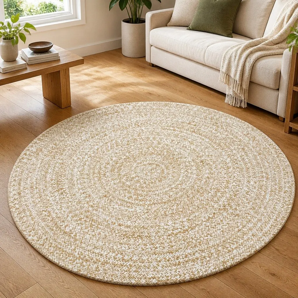 Area Rug Handmade Braided Jute White Natural Round 120 cm