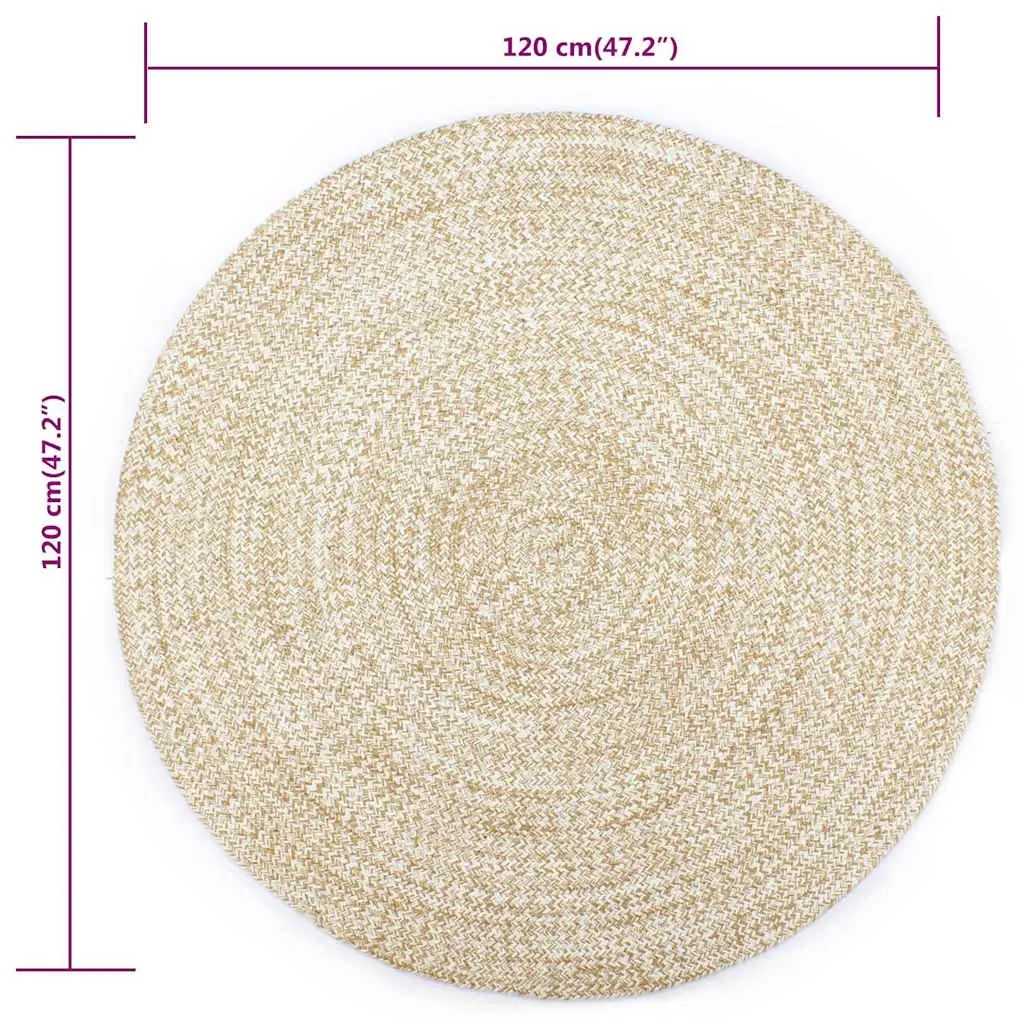 Area Rug Handmade Braided Jute White Natural Round 120 cm