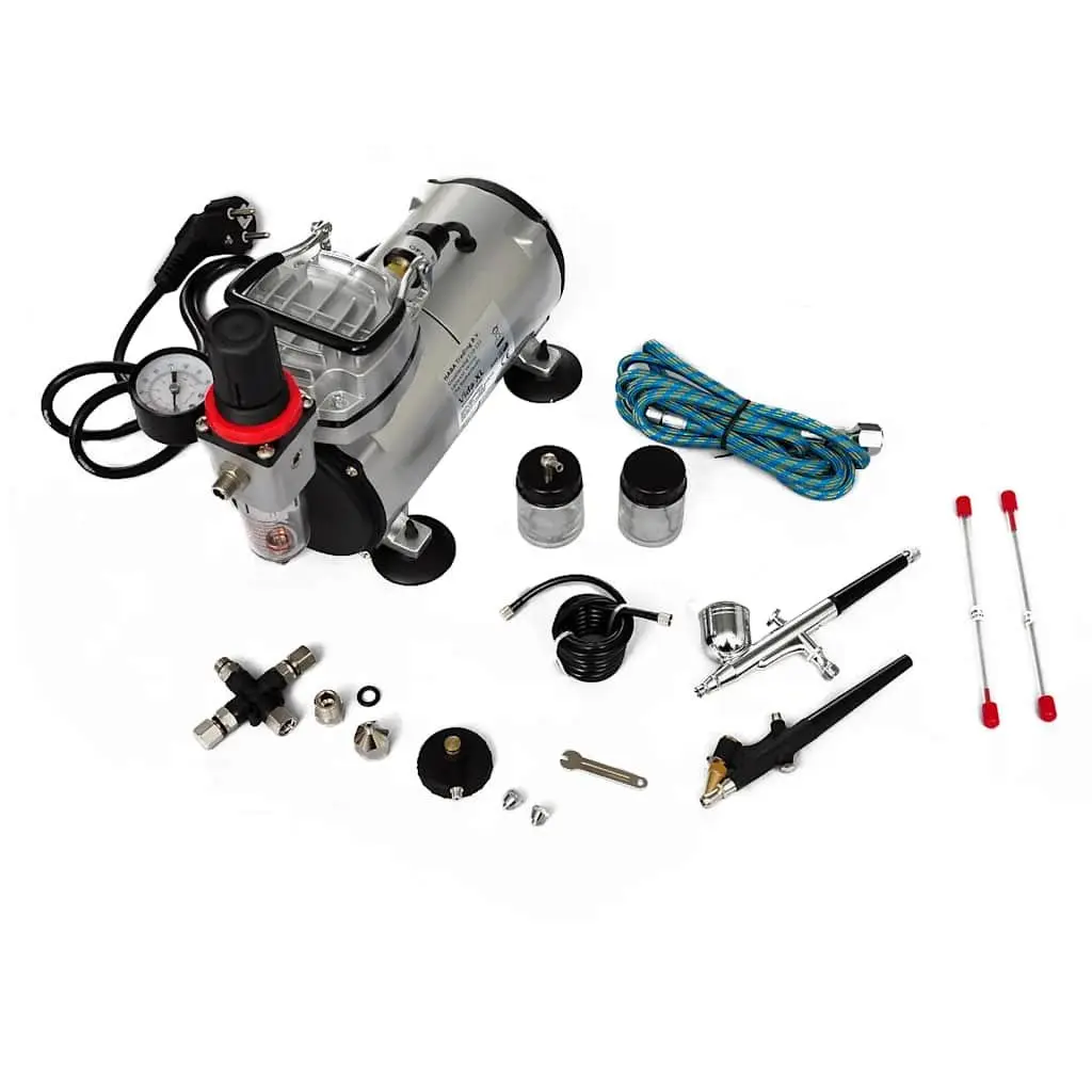 Airbrush Compressor Mini Kit with Oil-Free Piston Dual Spray Guns and Accessories