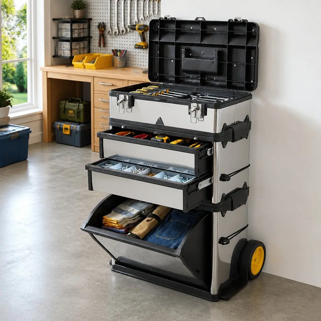 3-Part Rolling Tool Box with 2-Drawer Compartment Silver Mobile Storage 15 cm Handle
