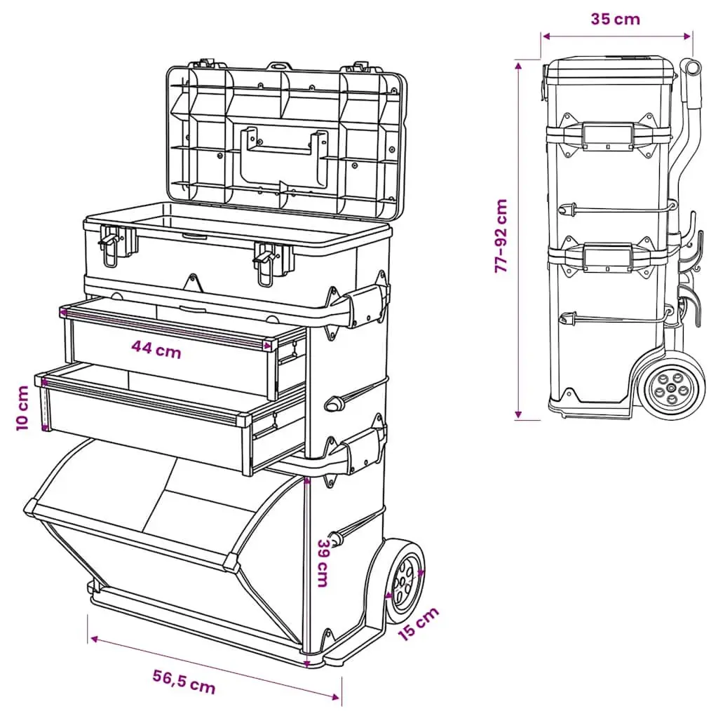3-Part Rolling Tool Box with 2-Drawer Compartment Silver Mobile Storage 15 cm Handle