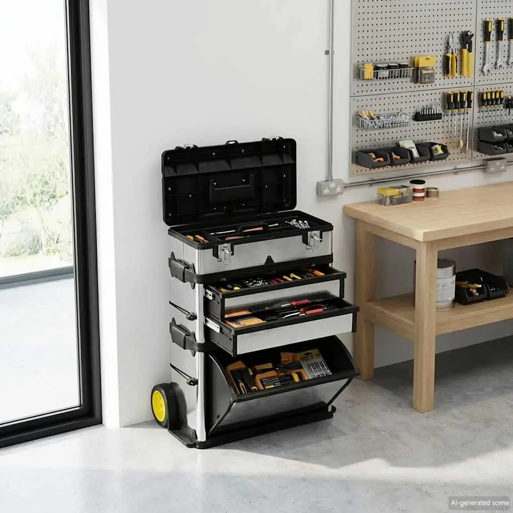 3-Part Rolling Tool Box with 2-Drawer Compartment Silver Mobile Storage 15 cm Handle