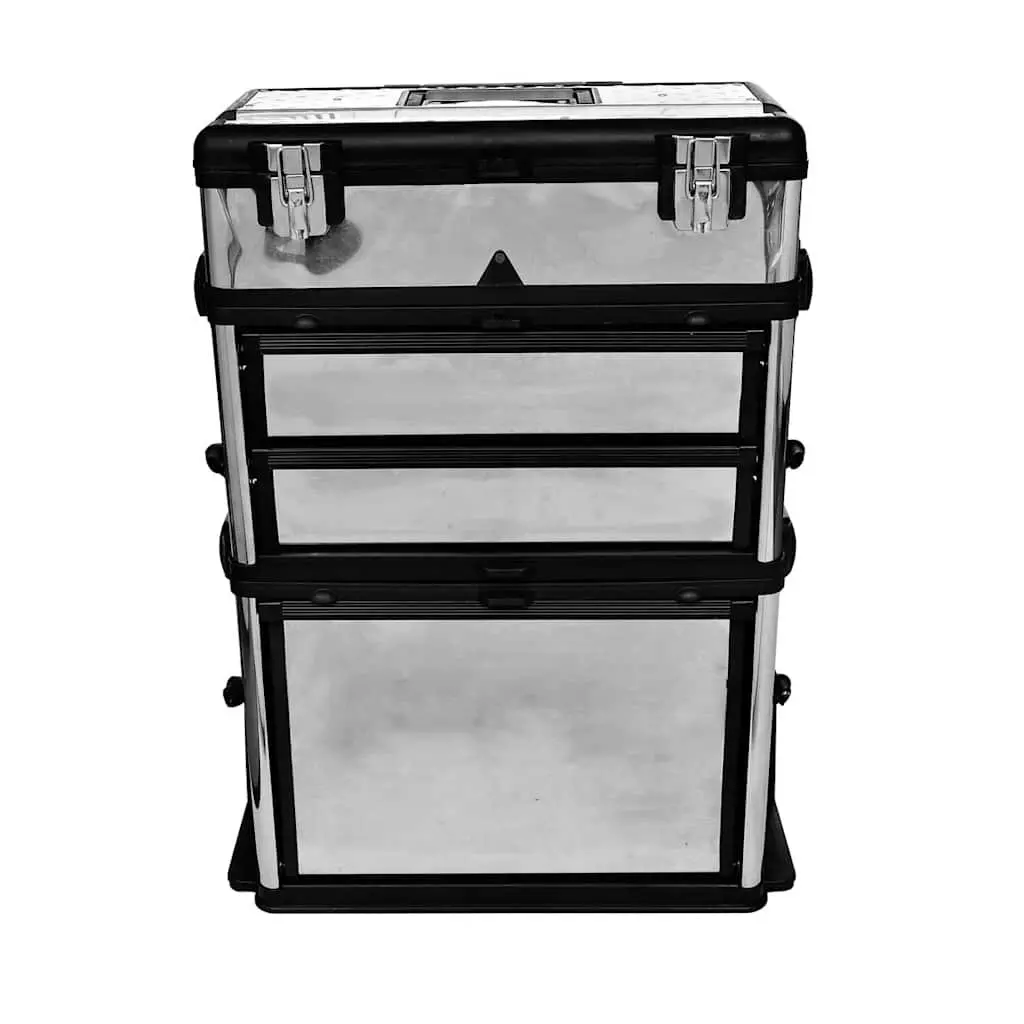 3-Part Rolling Tool Box with 2-Drawer Compartment Silver Mobile Storage 15 cm Handle
