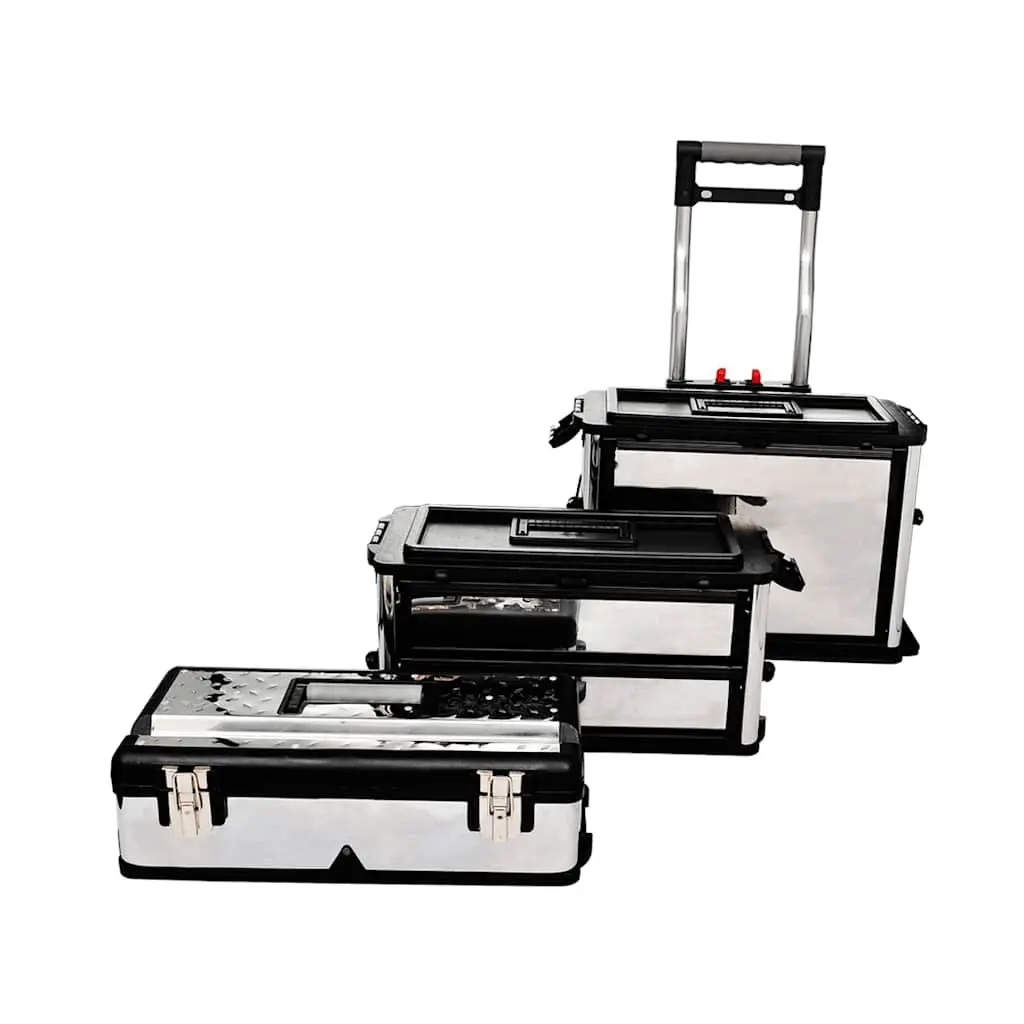 3-Part Rolling Tool Box with 2-Drawer Compartment Silver Mobile Storage 15 cm Handle