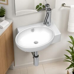 Ceramic Sink Basin Bathroom White Countertop Wall Mount Overflow Hole Faucet