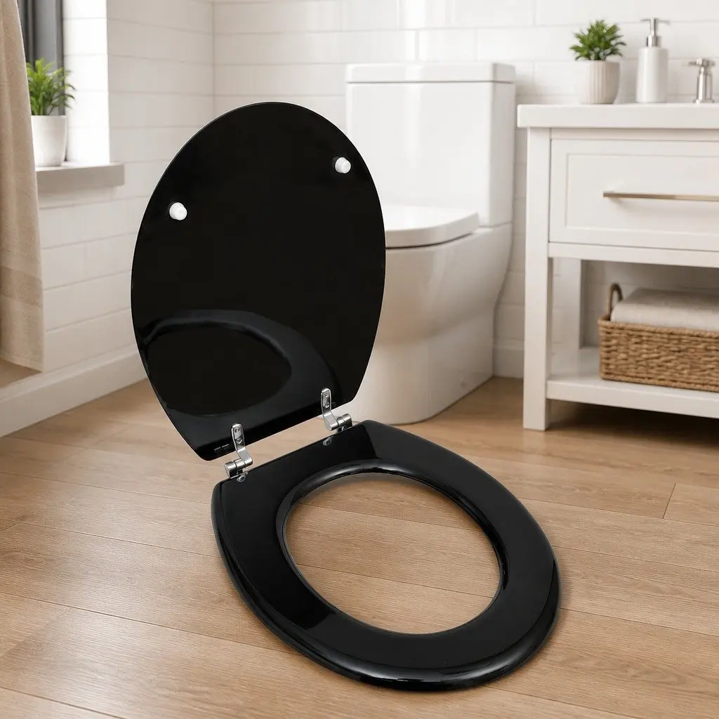 MDF Universal Toilet Seat Black Adjustable Chrome Hinges Durable Bathroom Fixture