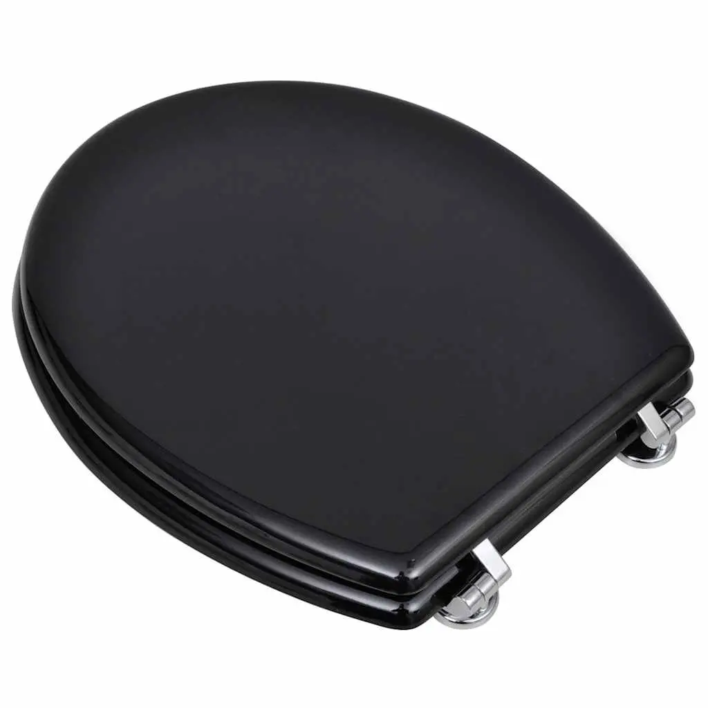 MDF Universal Toilet Seat Black Adjustable Chrome Hinges Durable Bathroom Fixture