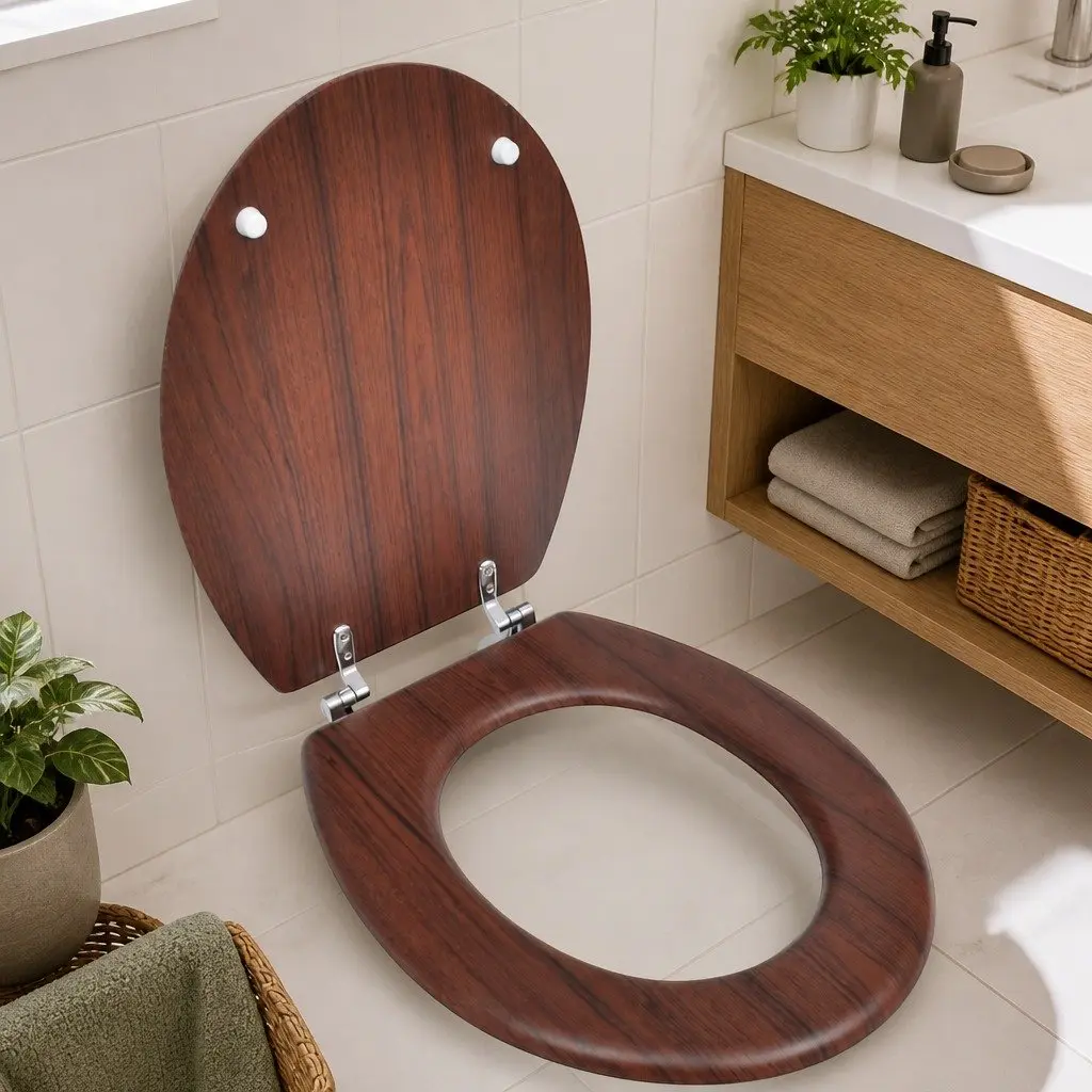 Toilet Seat MDF Lid Brown Durable with Chrome Hinges
