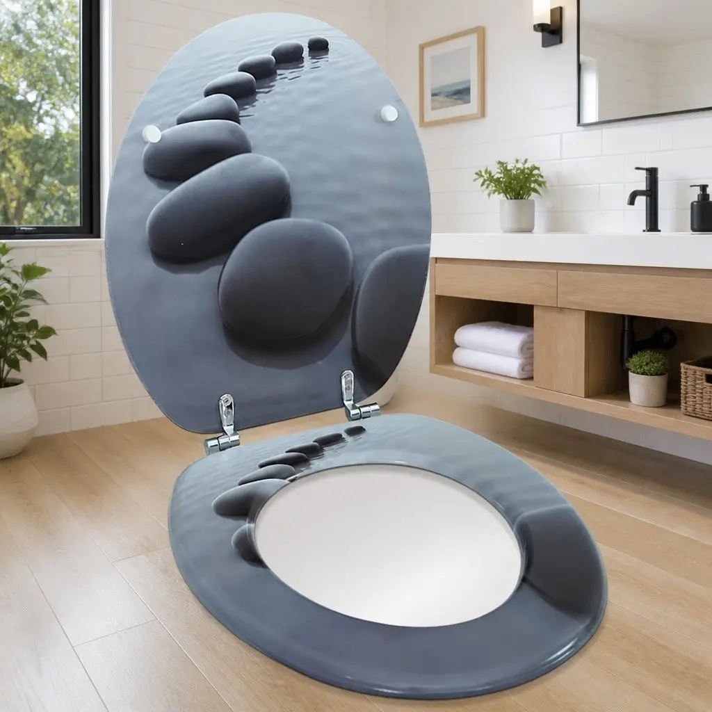Toilet Seat Grey MDF Lid Adjustable Hinges Standard Size Easy Install