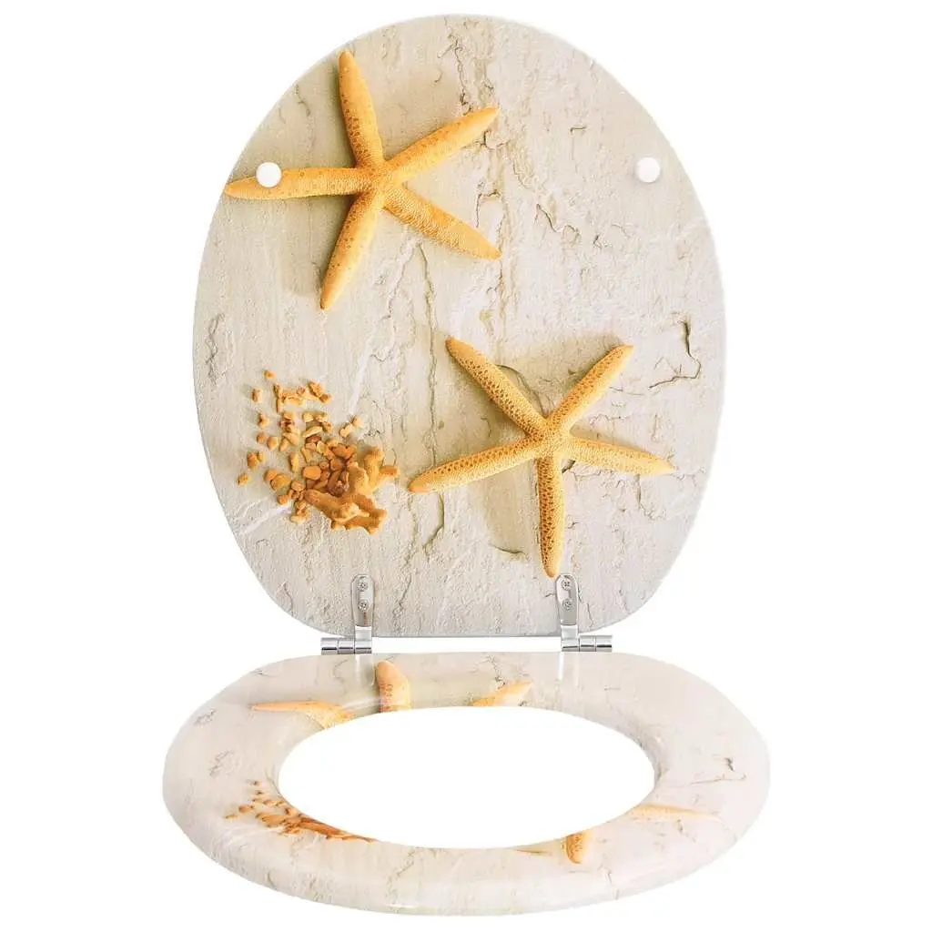 Toilet Seat MDF Lid Grey Starfish Design Bathroom Fixture Adjustable Hinges