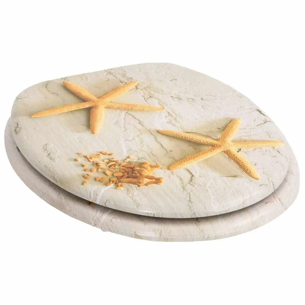 Toilet Seat MDF Lid Grey Starfish Design Bathroom Fixture Adjustable Hinges