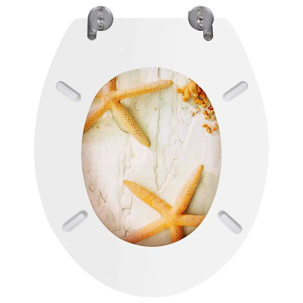 Toilet Seat MDF Lid Grey Starfish Design Bathroom Fixture Adjustable Hinges