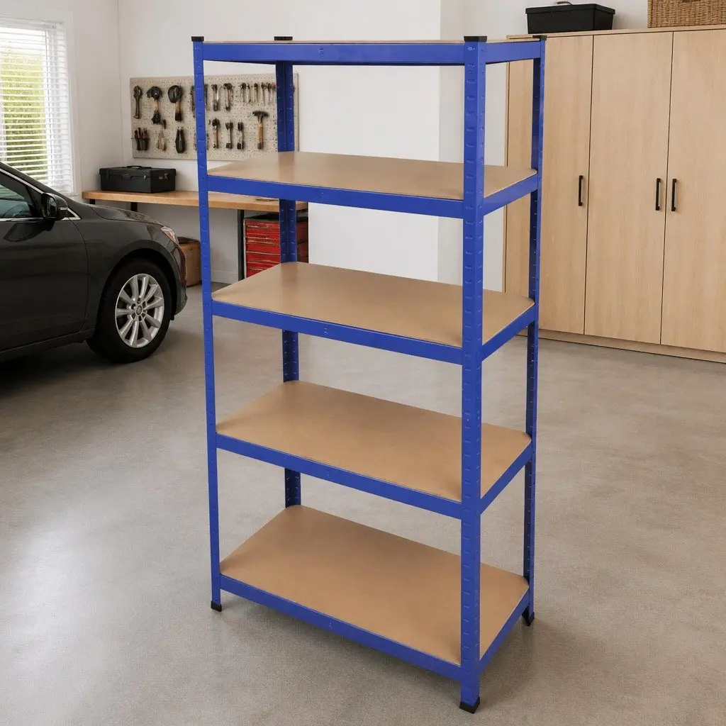 5-Layer Industrial Storage Shelf Heavy Duty Steel Frame Engineered Wood Blue