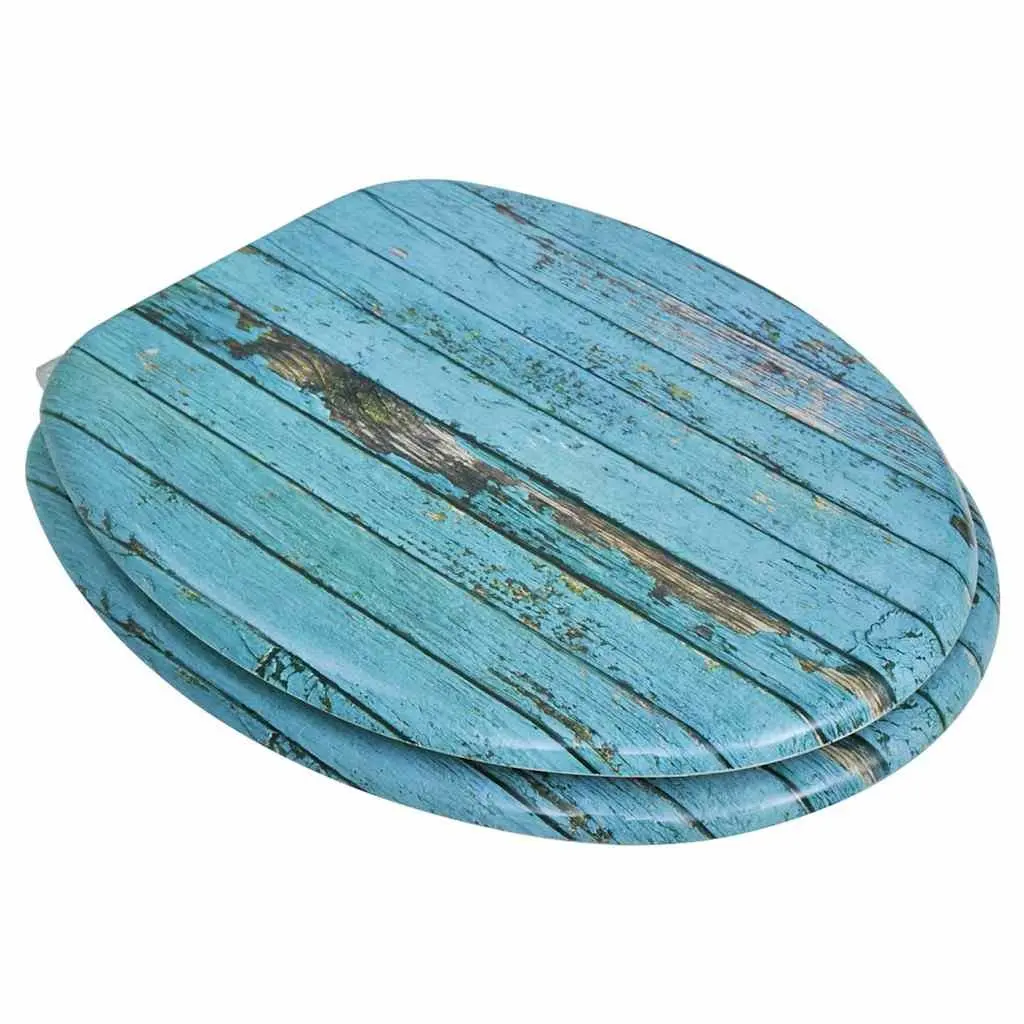 Toilet Seat with Hard Close Lid Blue MDF Old Wood Design Adjustable Hinges