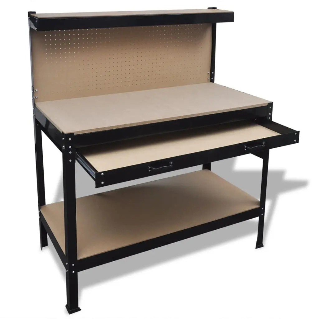 Steel Workbench Brown with Pegboard Hooks and Drawer for Tool Storage and Workspace Organization