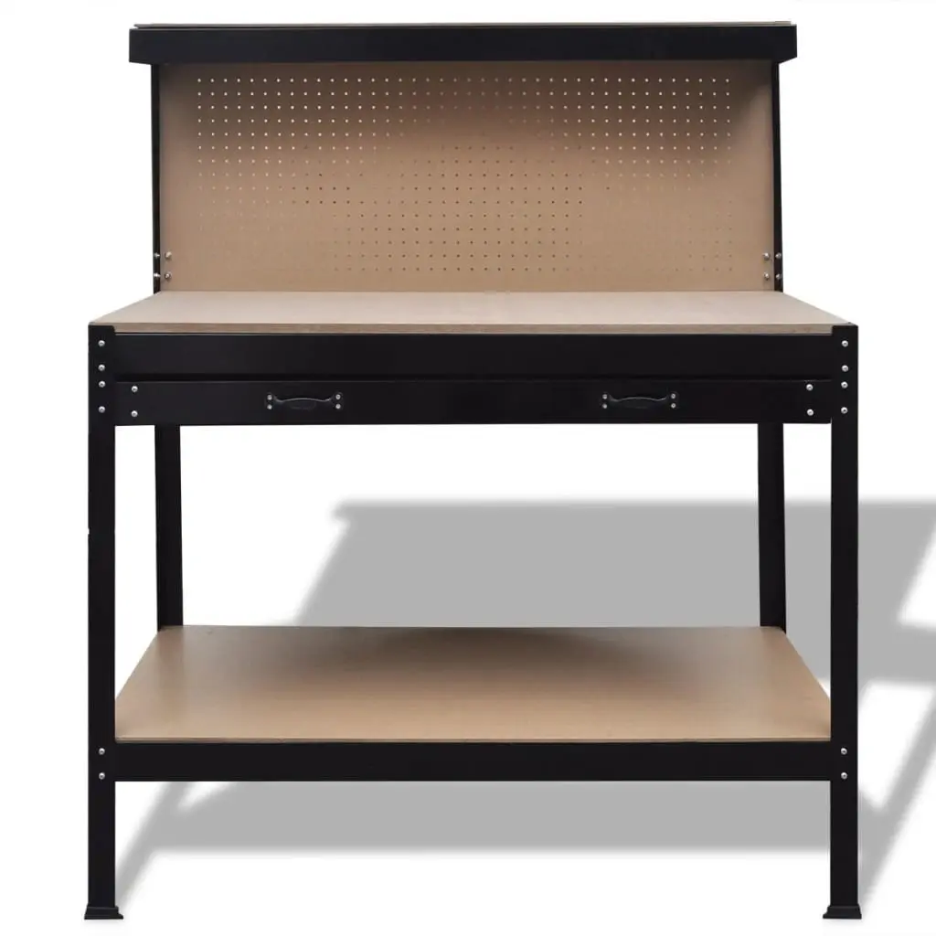 Steel Workbench Brown with Pegboard Hooks and Drawer for Tool Storage and Workspace Organization