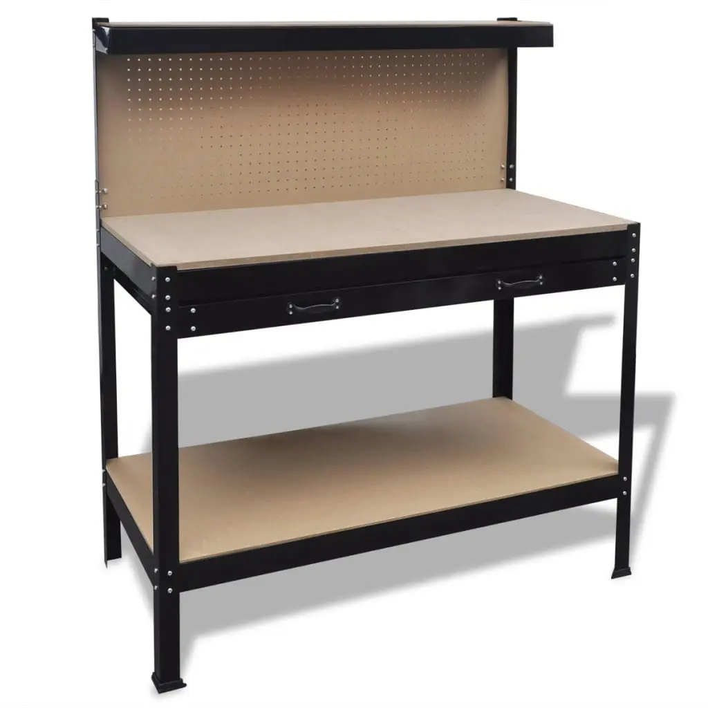 Steel Workbench Brown with Pegboard Hooks and Drawer for Tool Storage and Workspace Organization