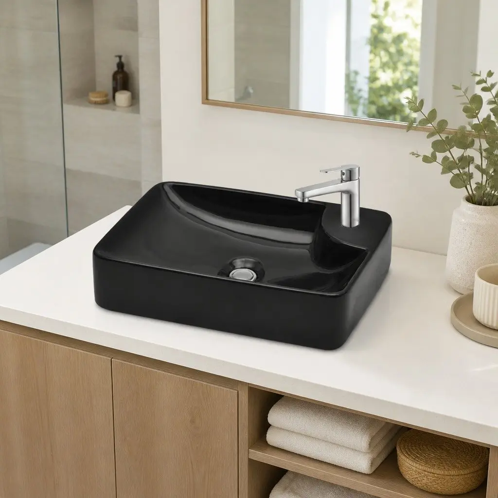 Black Ceramic Bathroom Basin Sink with Faucet Hole Modern Washroom Vessel
