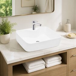 White Ceramic Square Bathroom Basin Sink with Faucet Hole Modern Design