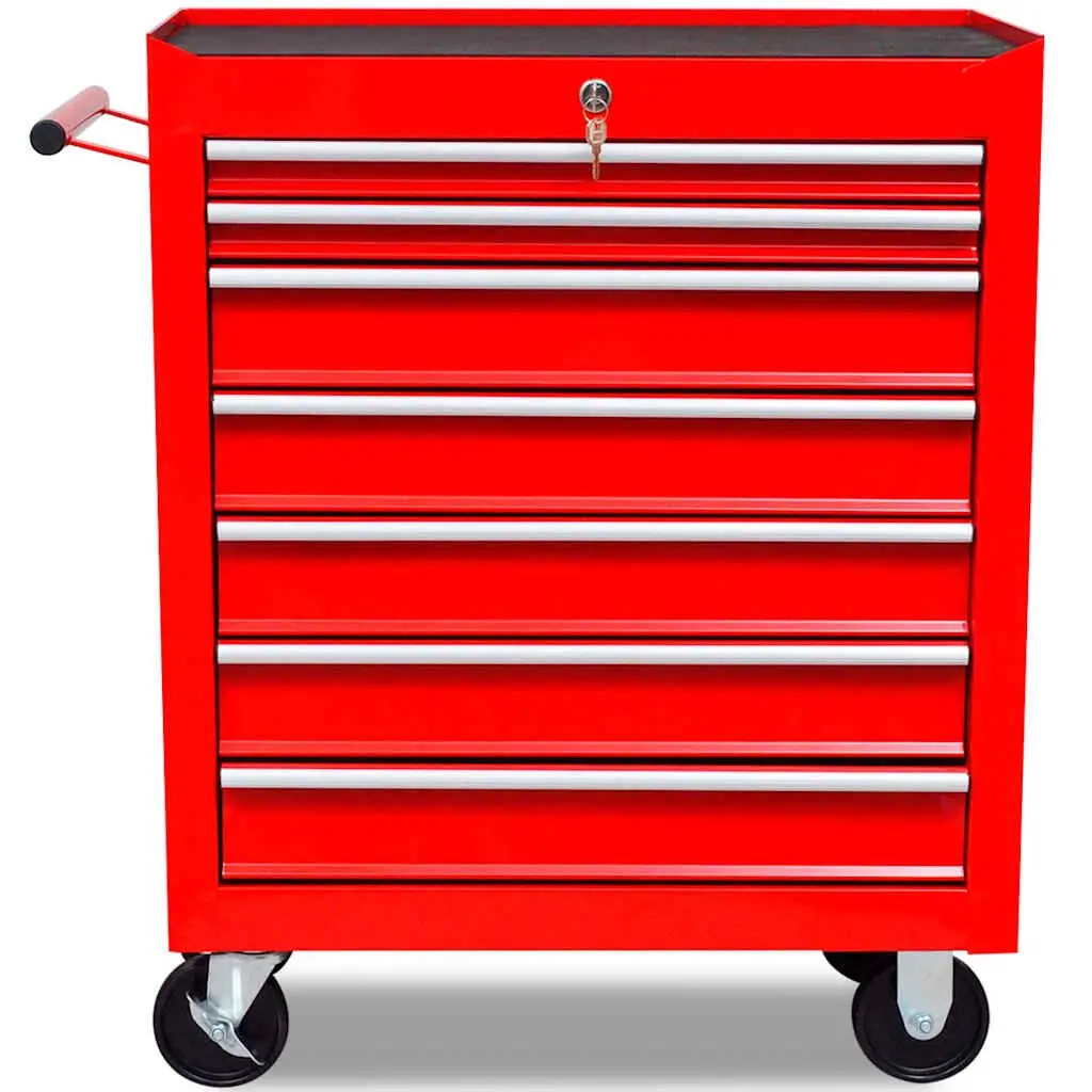 Tool Trolley Lockable with 7 Sliding Drawers Red
