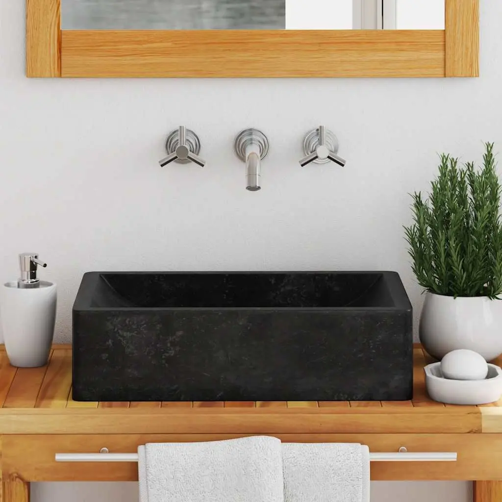 Handmade River Stone Bathroom Sink Rectangular Black High Gloss 45x30x12cm