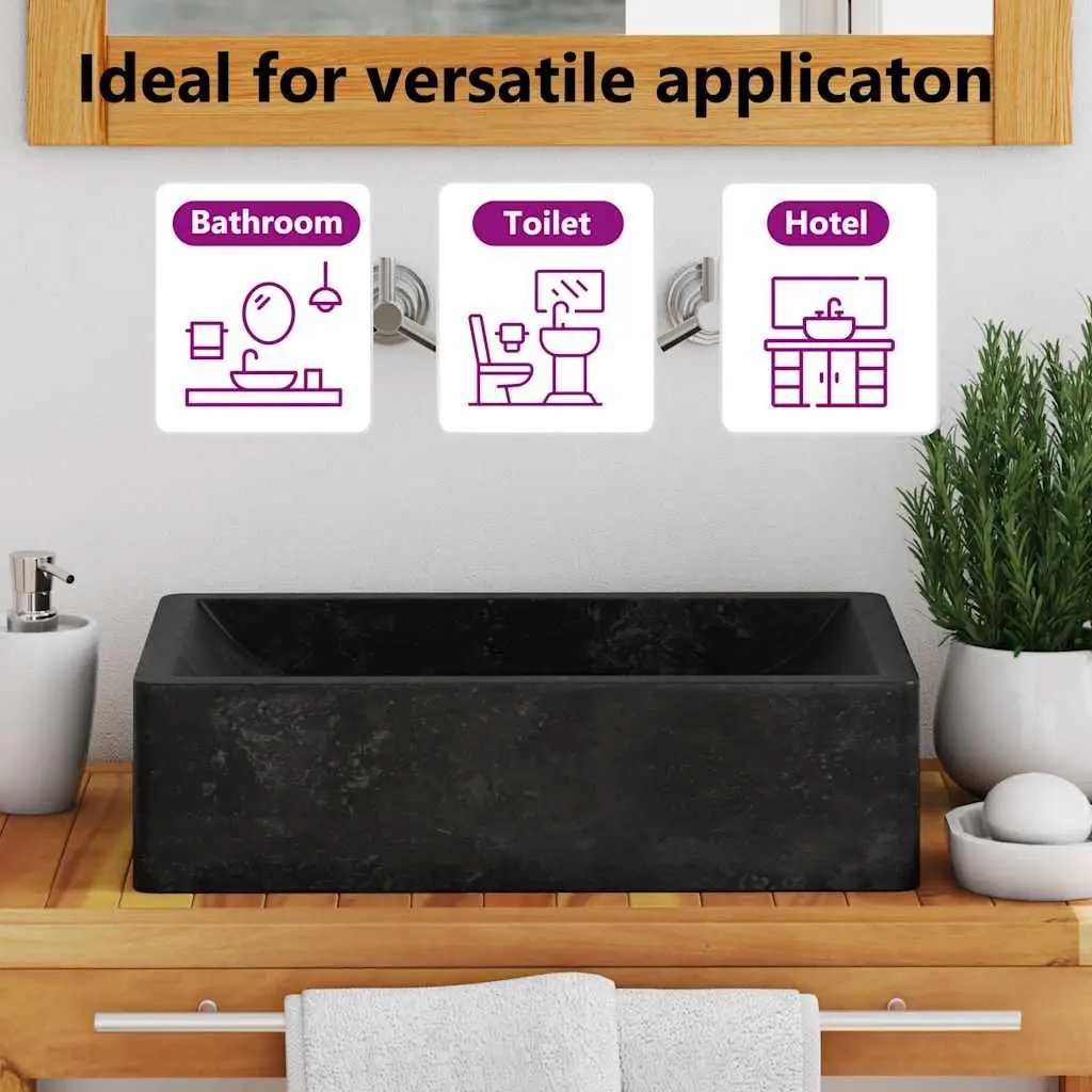 Handmade River Stone Bathroom Sink Rectangular Black High Gloss 45x30x12cm