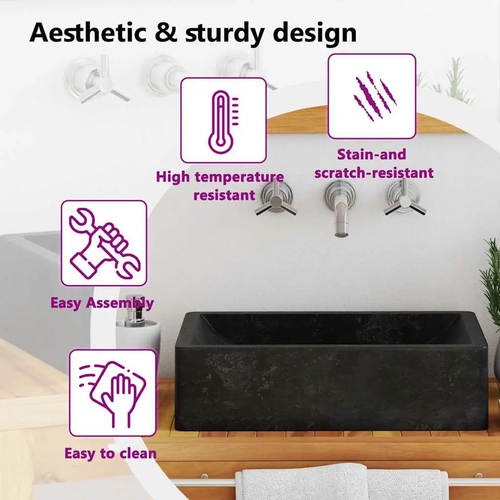Handmade River Stone Bathroom Sink Rectangular Black High Gloss 45x30x12cm