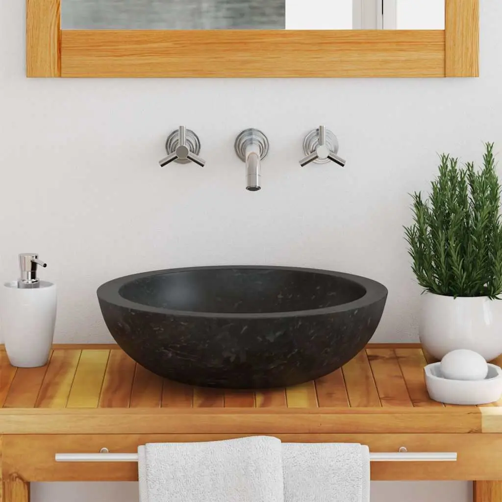 Handmade Bathroom Sink Black Natural River Stone Rectangular 40x12cm