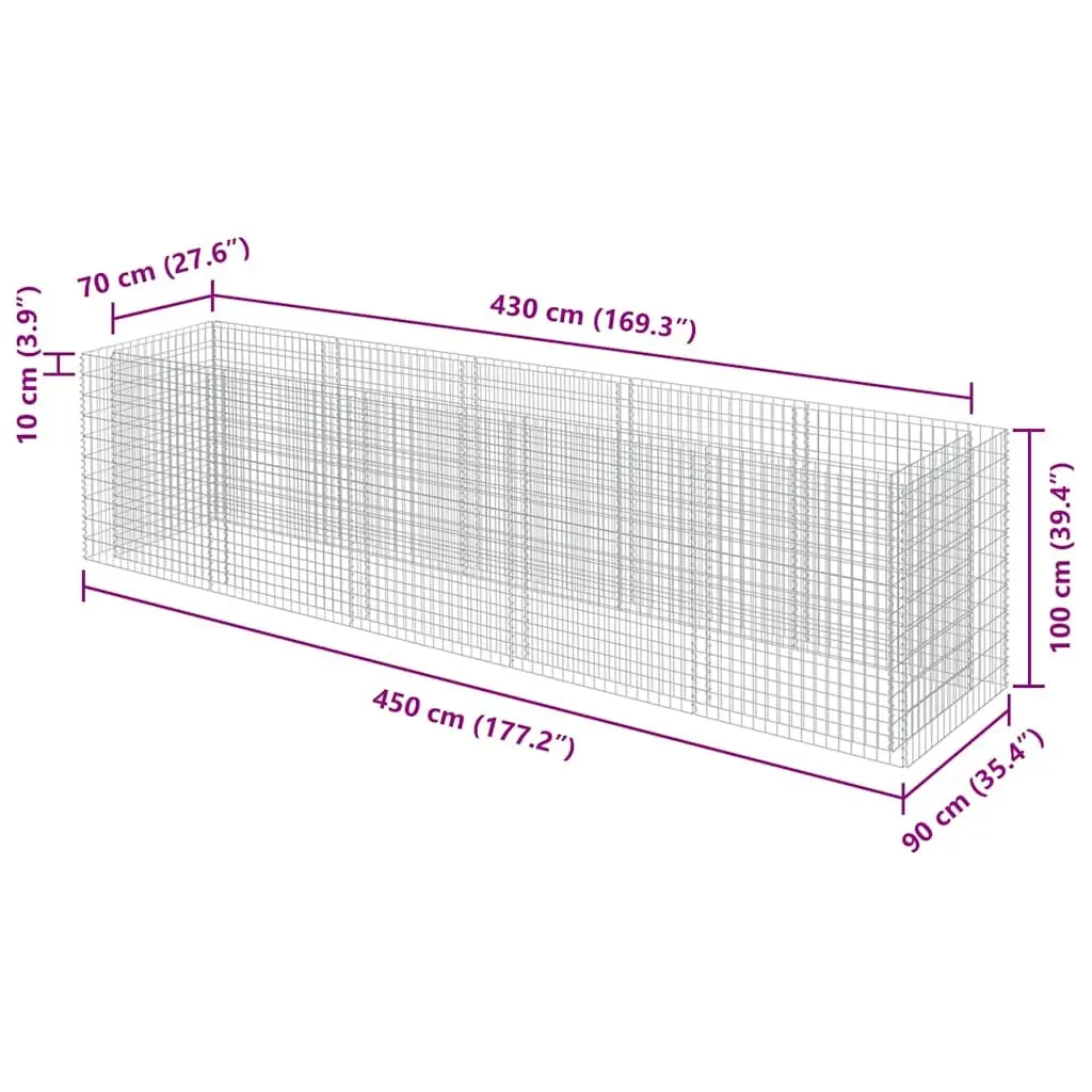 Raised Garden Bed Galvanised Steel 450x90x100cm Silver Gabion Planter